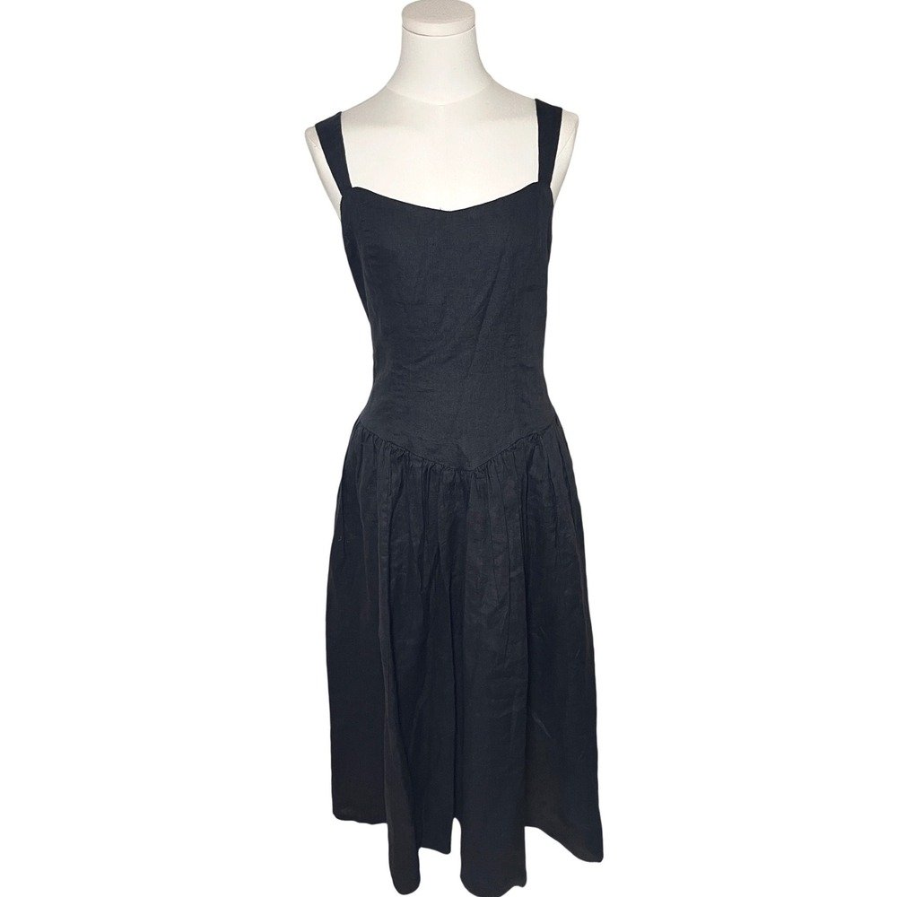 Minimalist 100% Linen Smocked Back Midi Dress The Drop Black XL